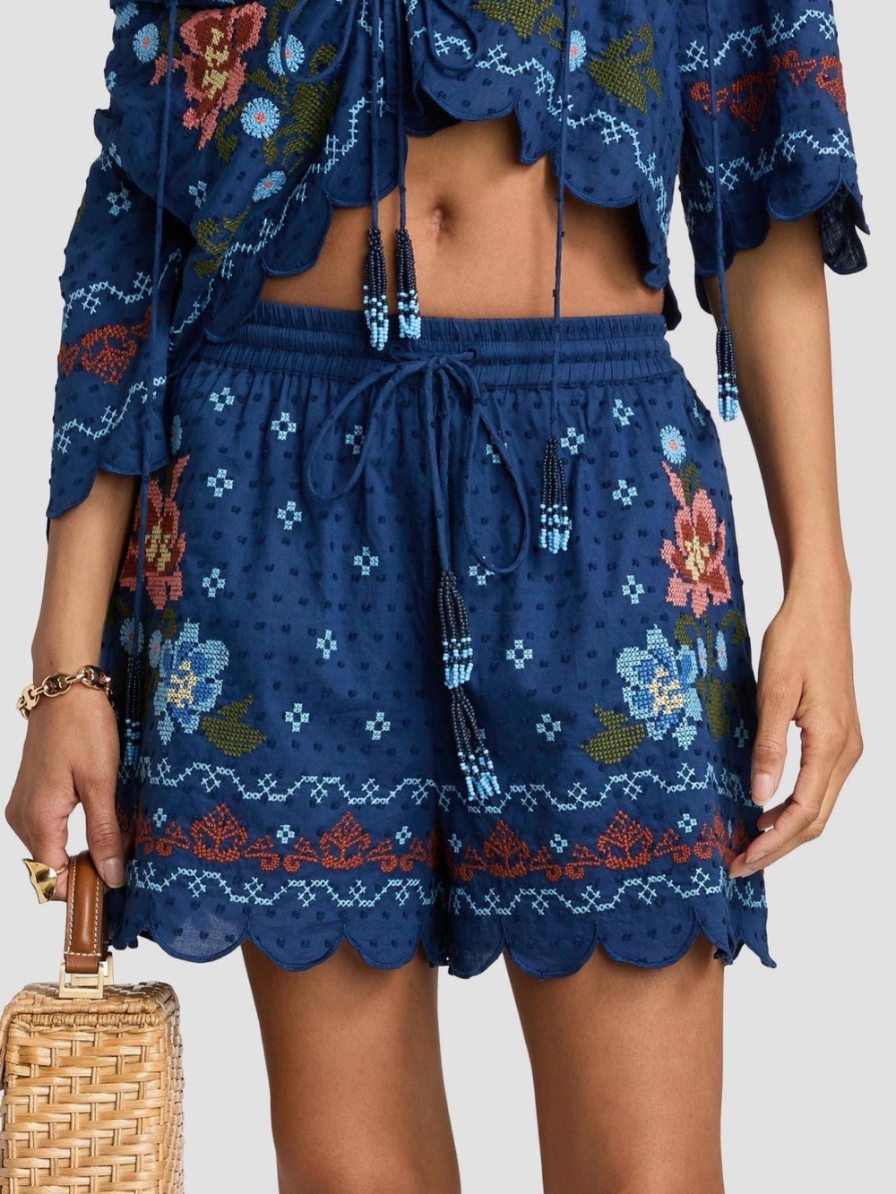 FARM Rio Navy Embroidered Floral Scalloped-Hem Shorts